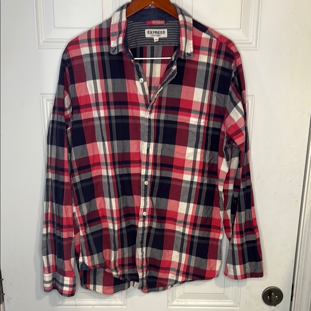 Express Men's Red and Black Plaid Shirt